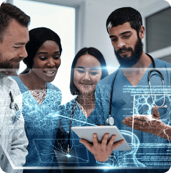 Doctors discussing with digital interface overlay.